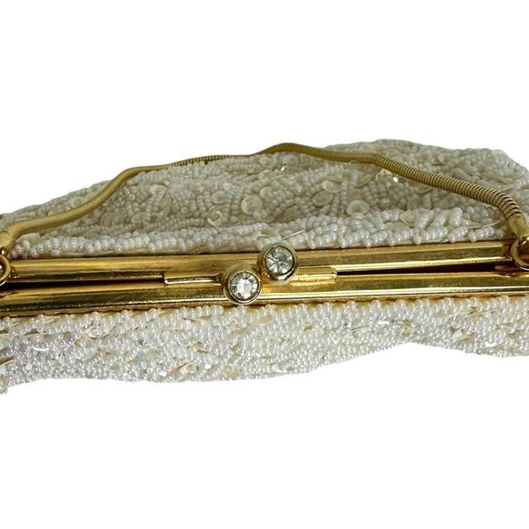 Vintage 60’s Cream Hand Beaded Clutch Purse Evening Bag Bridal Sparkle Hong Kong - Picture 6 of 10